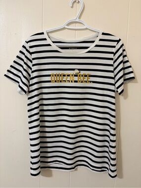 Kate Spade QUEEN BEE Striped Graphic Tee - Black & White with Gold